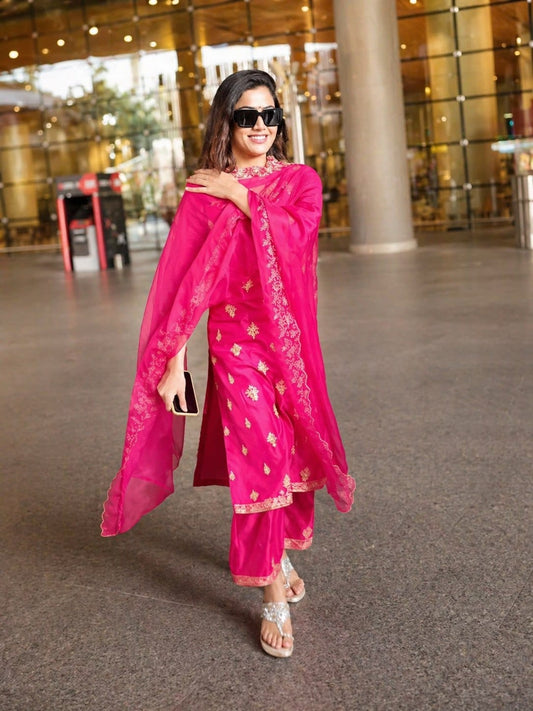 Premium Berry Silk Festive Embroidered Kurti, Pant & Dupatta Set