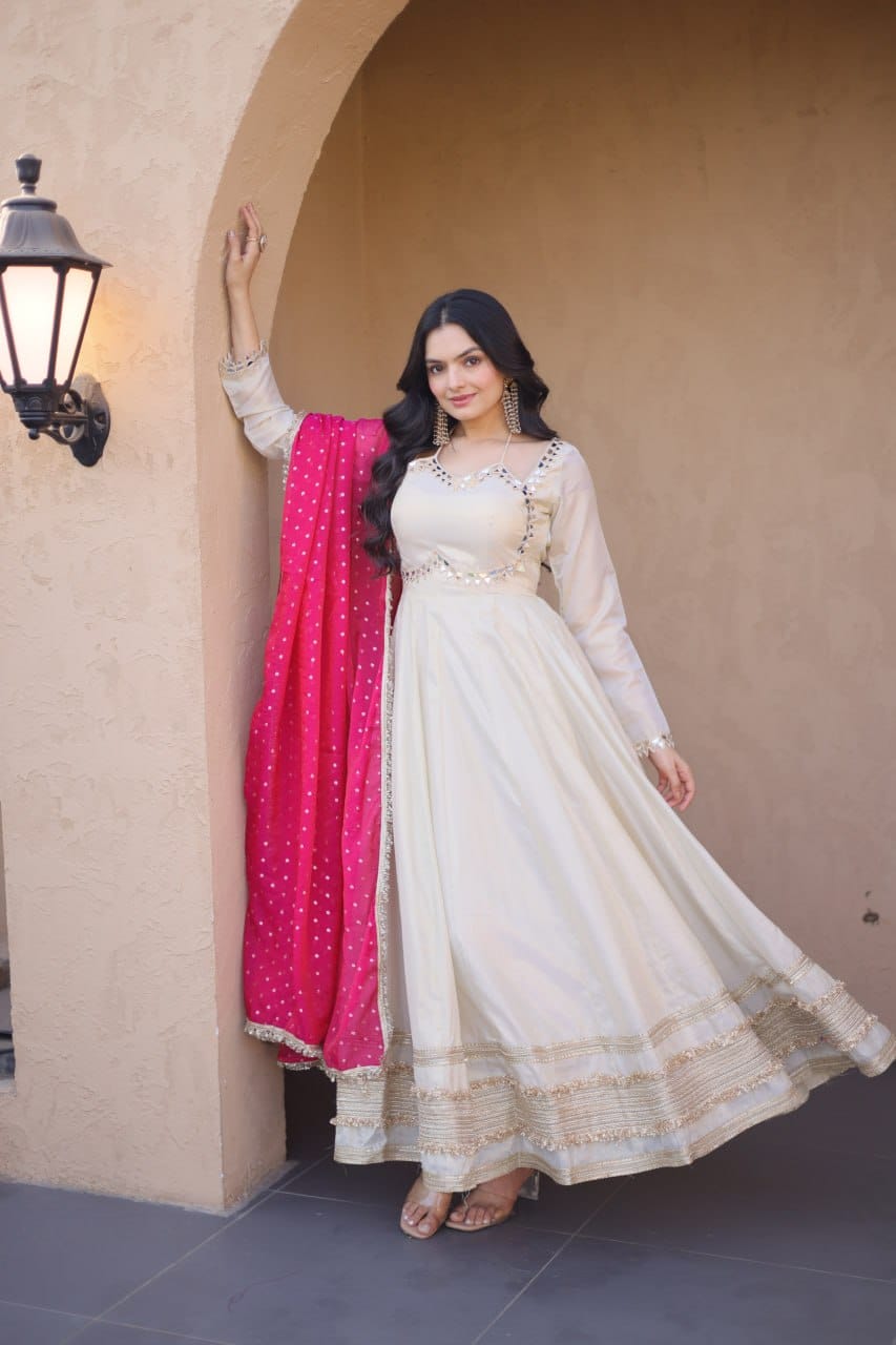 Premium Cosmos Real Mirror Work Gown & Moss Butti Woven Dupatta Set