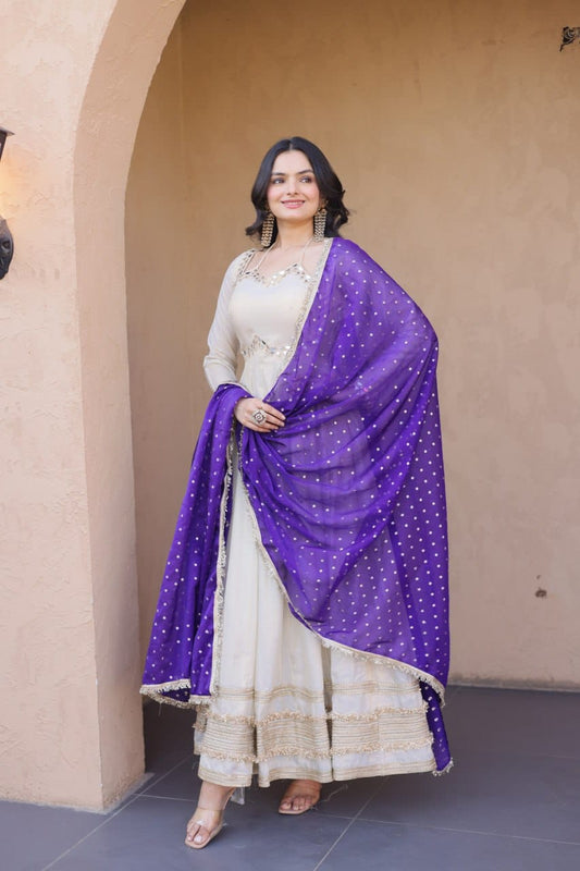 Premium Cosmos Real Mirror Work Gown & Moss Butti Woven Dupatta Set