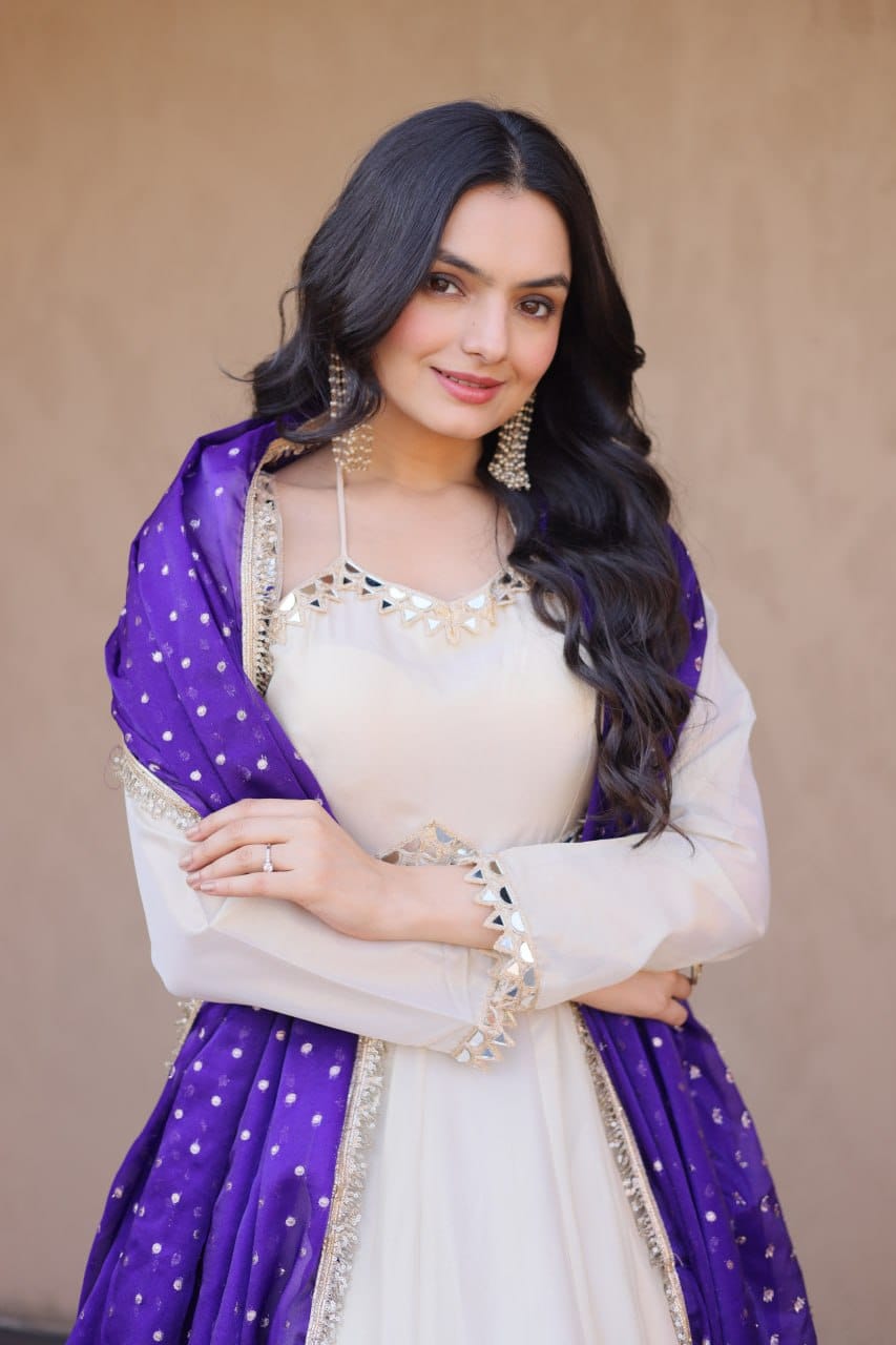 Premium Cosmos Real Mirror Work Gown & Moss Butti Woven Dupatta Set