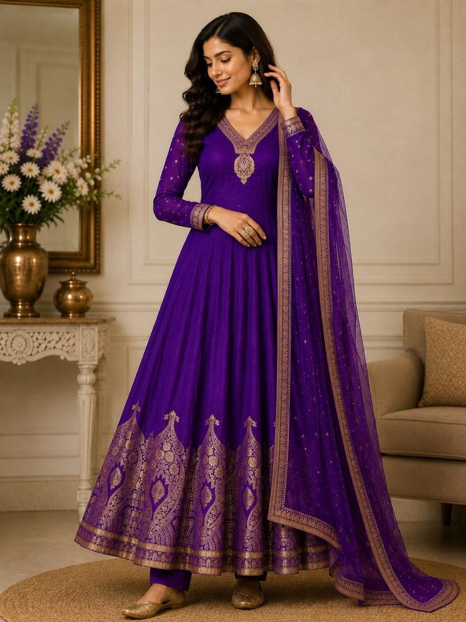 Premium Designer Banarasi Anarkali Gown, Pant & Dupatta Set