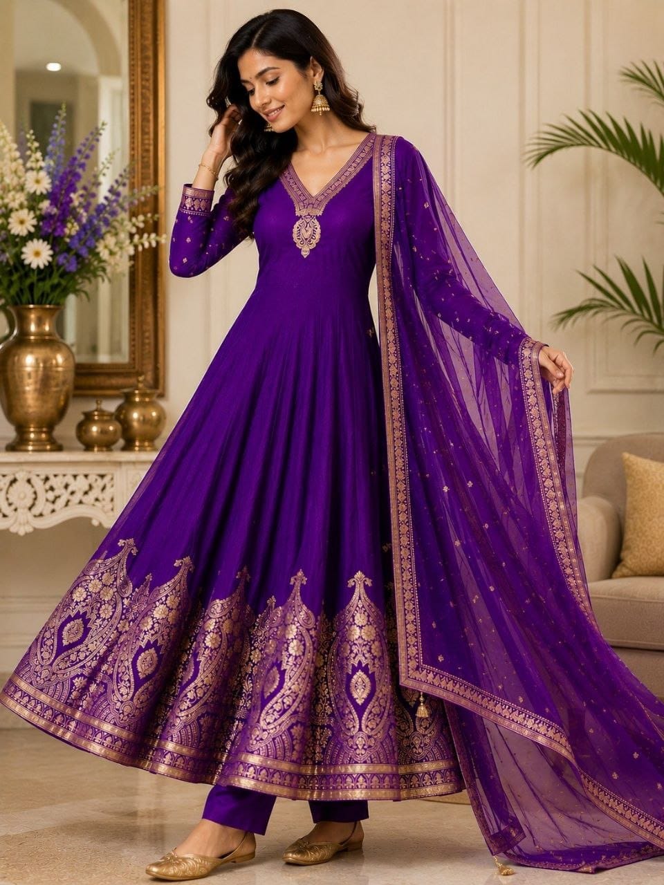Premium Designer Banarasi Anarkali Gown, Pant & Dupatta Set