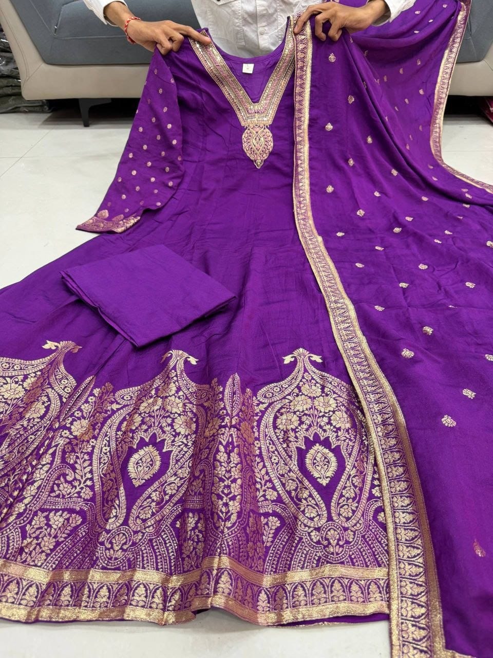 Premium Designer Banarasi Anarkali Gown, Pant & Dupatta Set