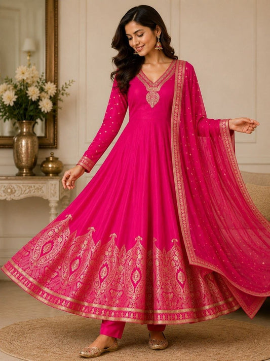 Premium Designer Banarasi Anarkali Gown, Pant & Dupatta Set