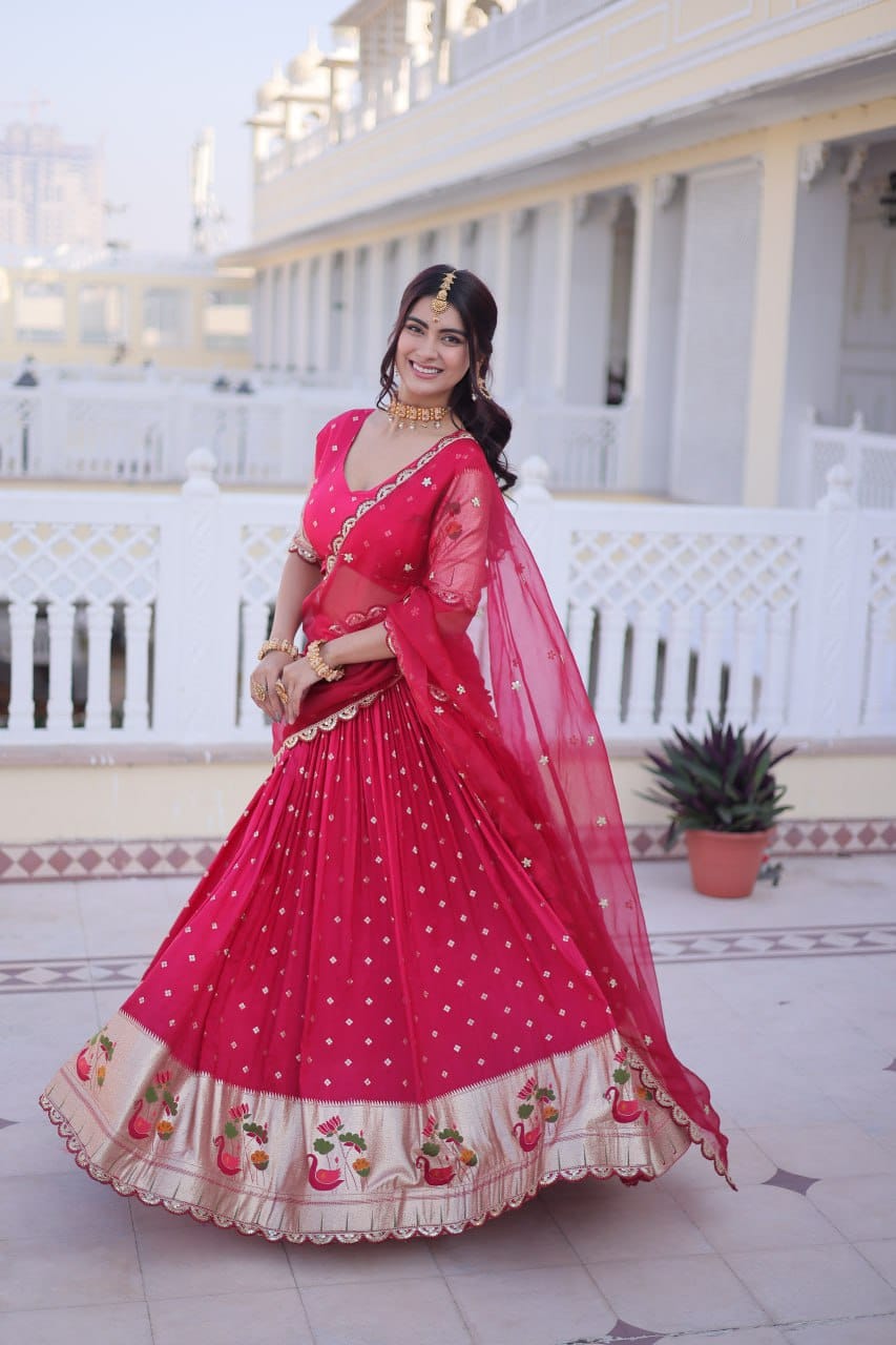 Premium Dola Silk Meena Weaving Lehenga & Tebby Silk Sequins Coding Dupatta Set