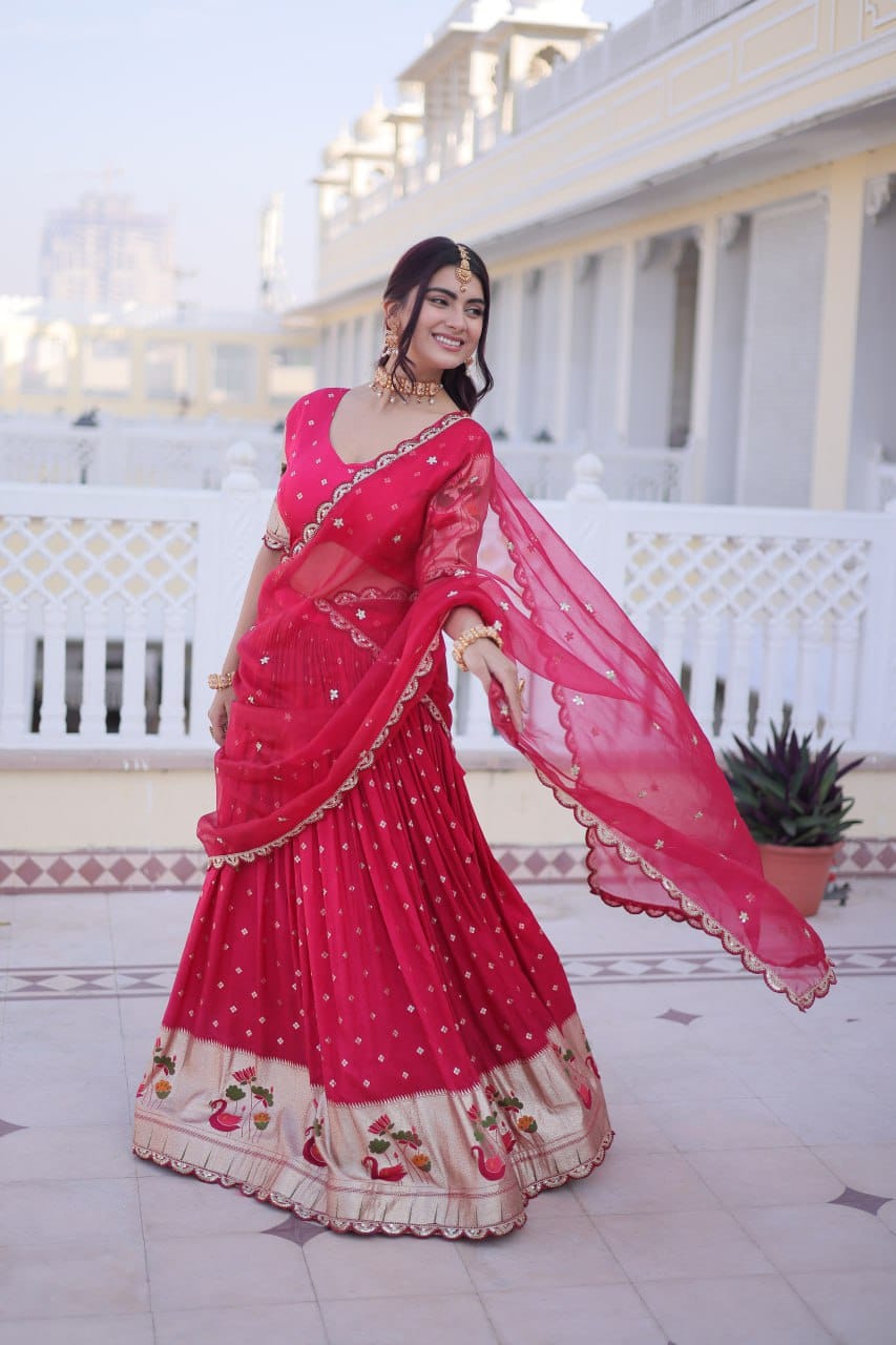 Premium Dola Silk Meena Weaving Lehenga & Tebby Silk Sequins Coding Dupatta Set