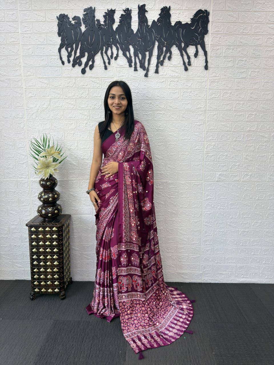 Premium Gajji Silk Ajrakh Print Saree with Heavy Real Mirror-Work & Designer Red Pallu