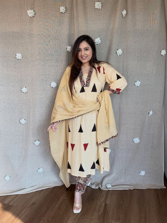 Premium Jaipuri & Ajrakh Print Pure Cotton Suit, Pant & Dupatta Set