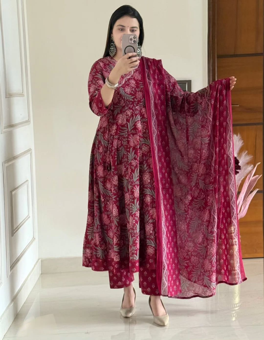 Premium Jaipuri Cotton 60x60 Anarkali Round Kurti, Pant & Block Print Dupatta Set