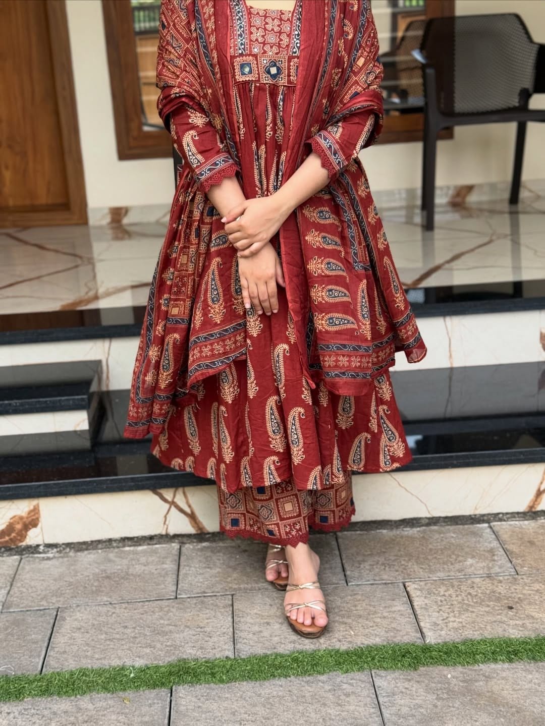Premium Jaipuri Cotton 60x60 Bagru Printed A-Line Kurta, Palazzo & Dupatta Set