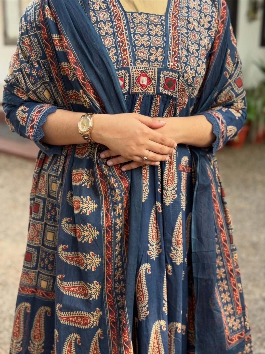 Premium Jaipuri Cotton 60x60 Bagru Printed A-Line Kurta, Palazzo & Dupatta Set
