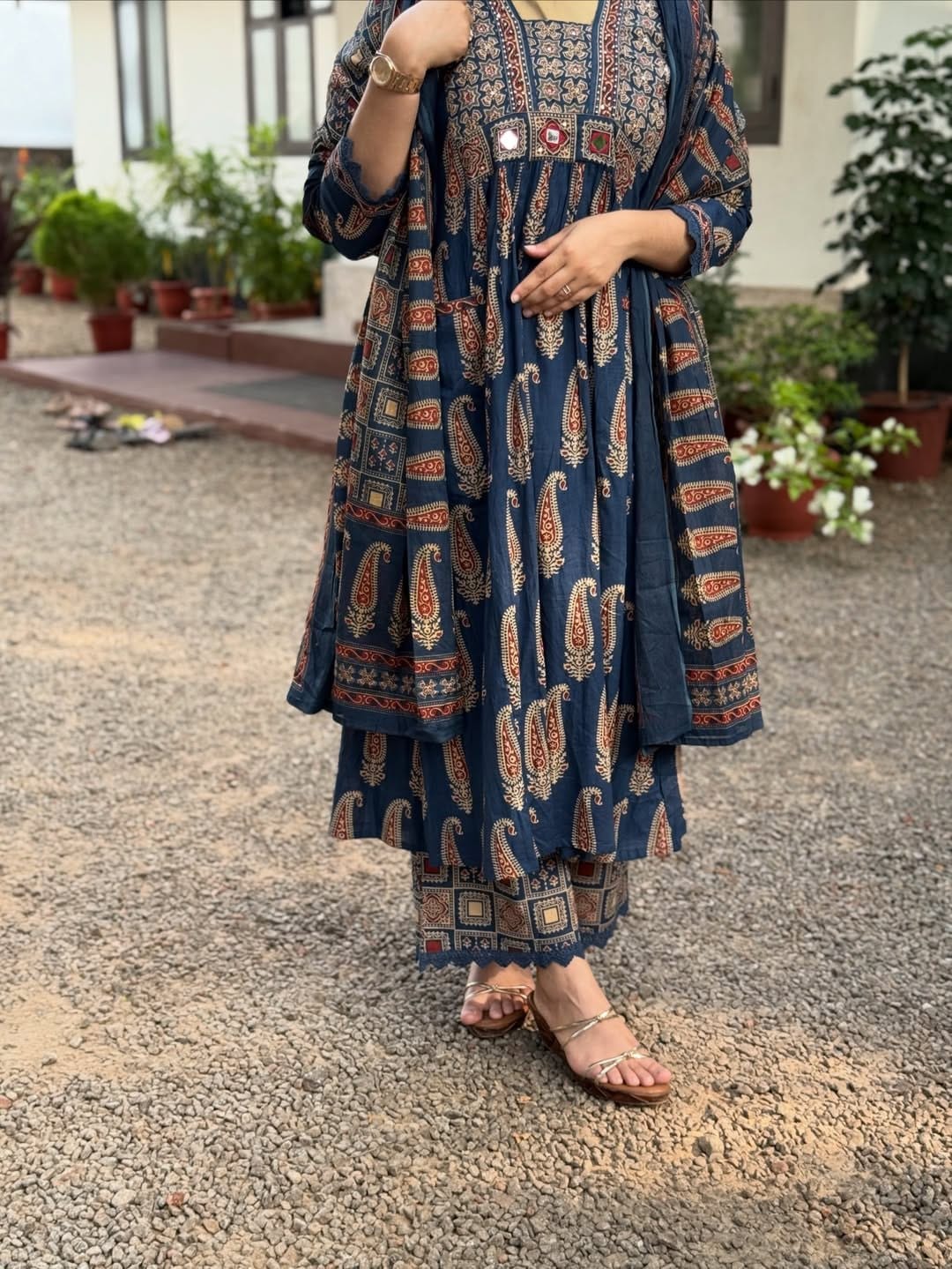 Premium Jaipuri Cotton 60x60 Bagru Printed A-Line Kurta, Palazzo & Dupatta Set
