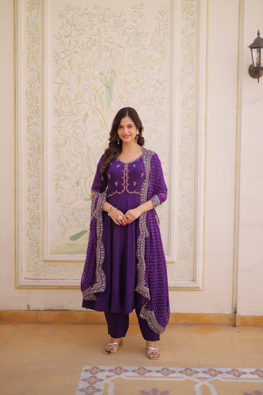 Premium Mul Chanderi Embroidered Kurti, Roman Silk Pant & Georgette Dupatta Set