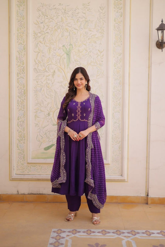 Premium Mul Chanderi Embroidered Kurti, Roman Silk Pant & Georgette Dupatta Set