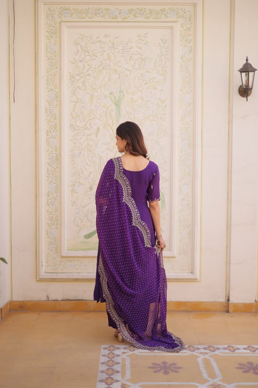 Premium Mul Chanderi Embroidered Kurti, Roman Silk Pant & Georgette Dupatta Set