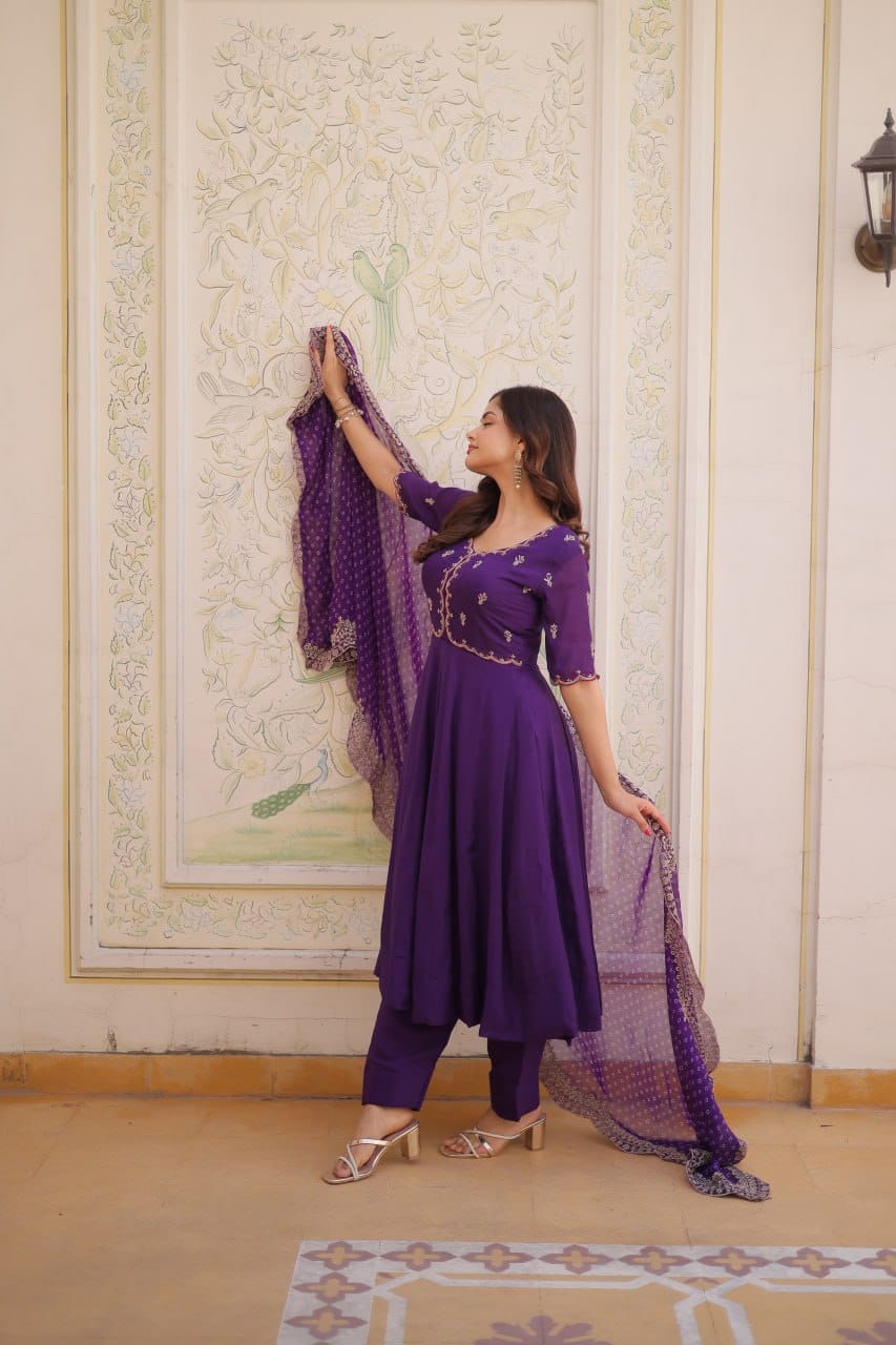 Premium Mul Chanderi Embroidered Kurti, Roman Silk Pant & Georgette Dupatta Set