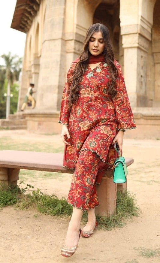 Premium Pure Cotton 60*60 Suit, Pant & Embroidered Kotadoria Dupatta Set