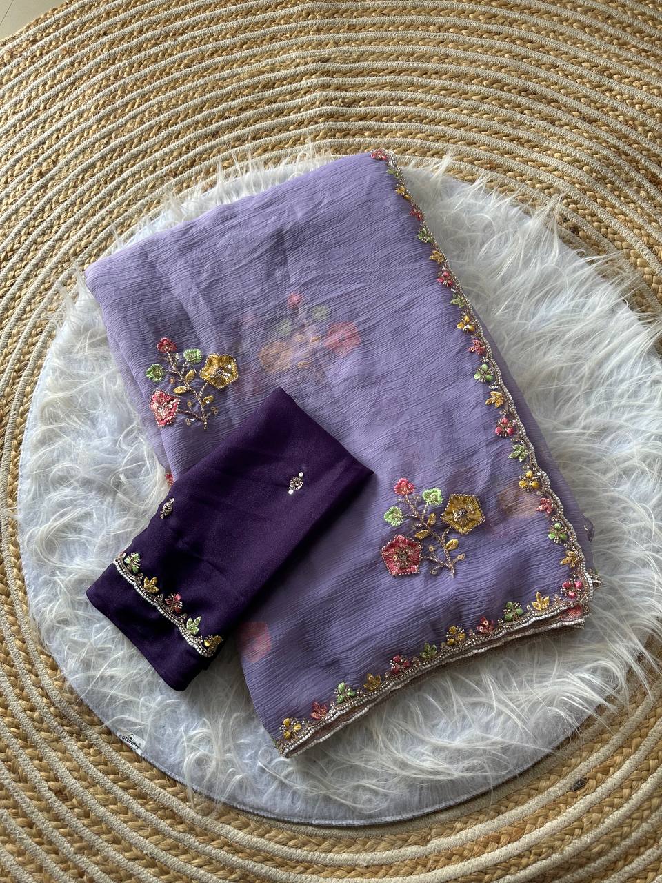 Premium Pure Soft Wari Chiffon Silk Saree with Heavy Cutdana & Sequence Embroidery and Aarco Multi-Borders