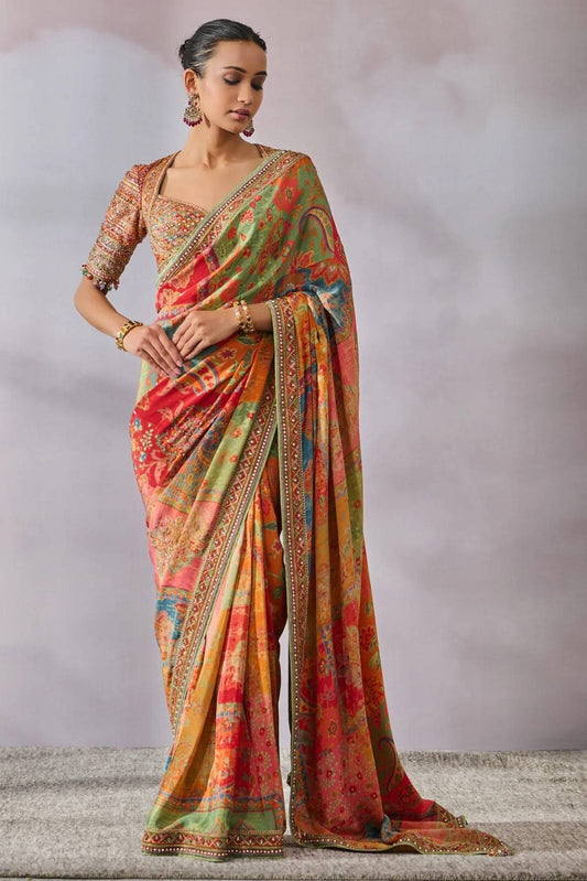 Premium Soft Chinon Silk Kalamkari Print Saree with Real Mirror Hand Embroidery