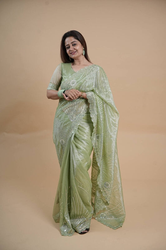 Premium Soft Twill Net Thread & Sequins Embroidered Saree with Cutwork & Stone Work