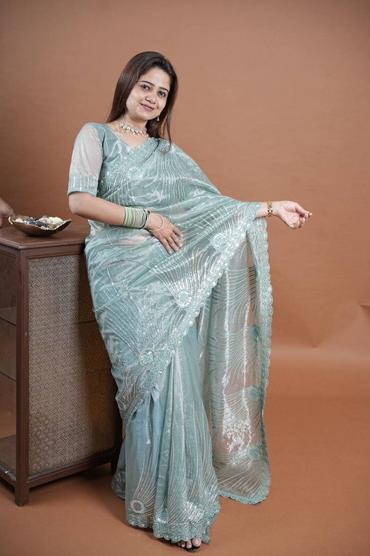 Premium Soft Twill Net Thread & Sequins Embroidered Saree with Cutwork & Stone Work