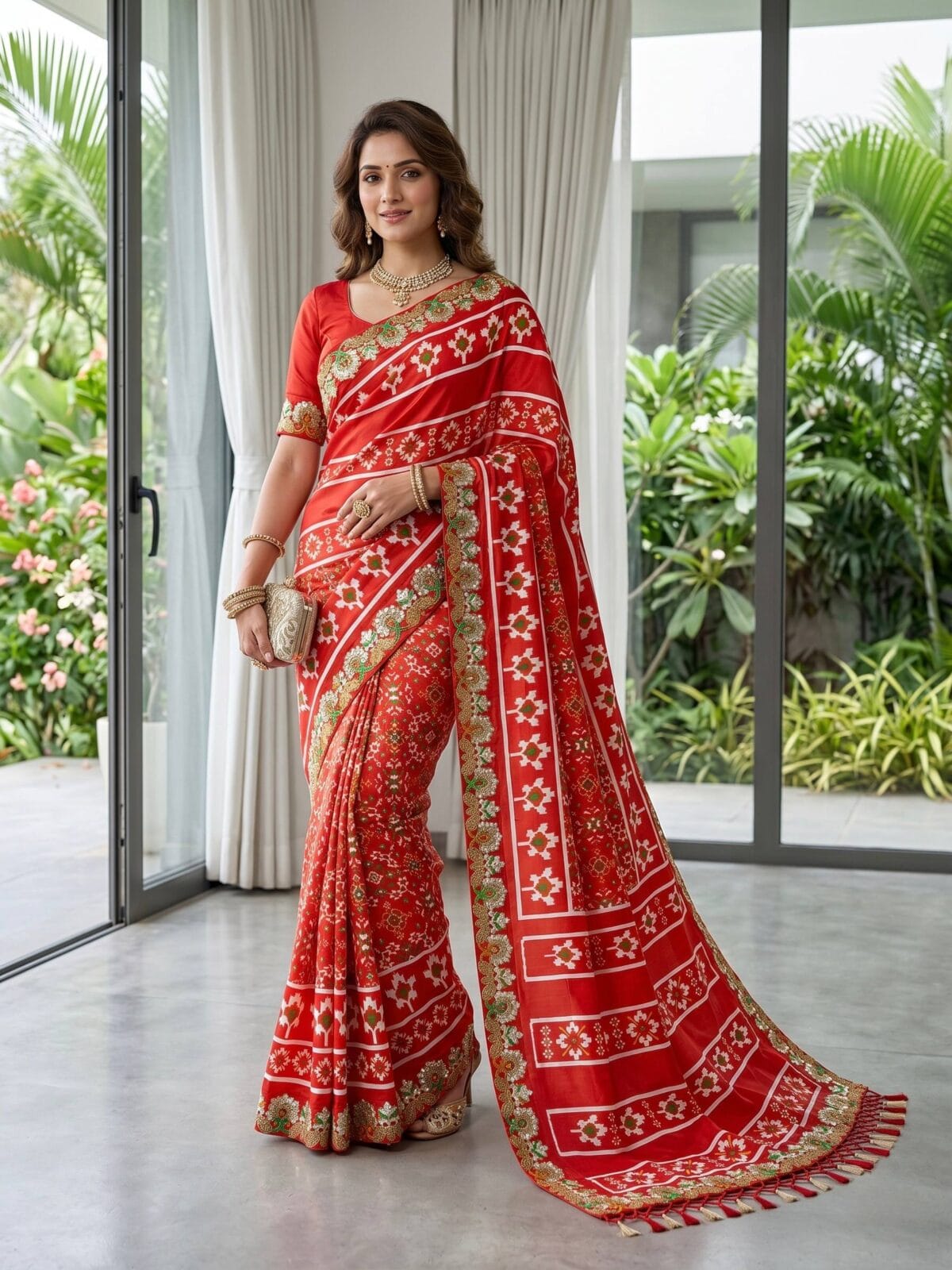 Premium Soft Vichitra Silk Designer Patola Print Saree with Floral Embroidered Border