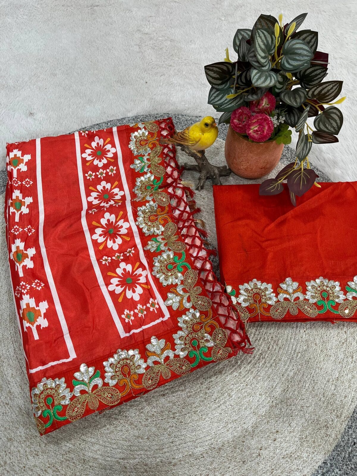Premium Soft Vichitra Silk Designer Patola Print Saree with Floral Embroidered Border