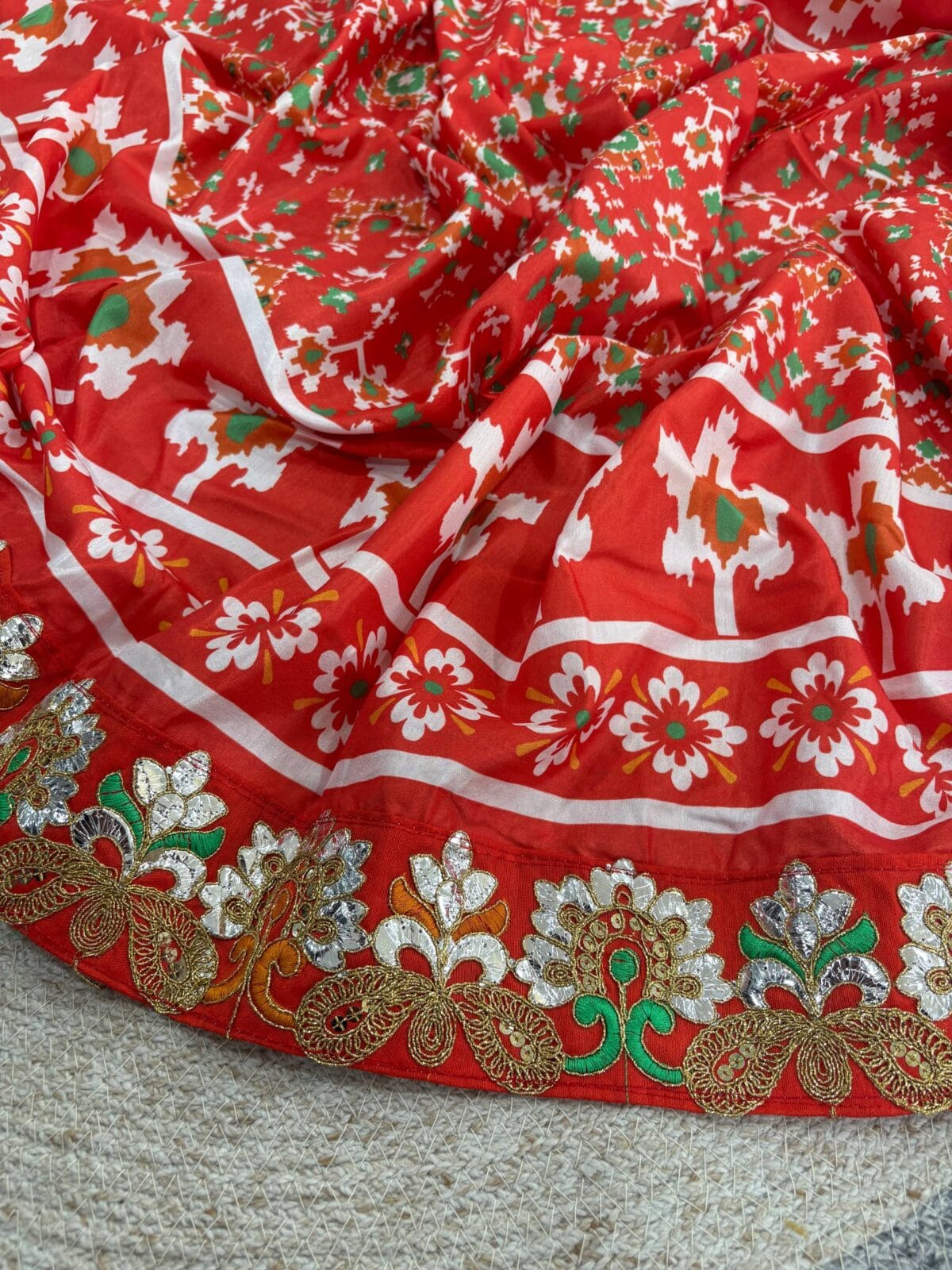 Premium Soft Vichitra Silk Designer Patola Print Saree with Floral Embroidered Border