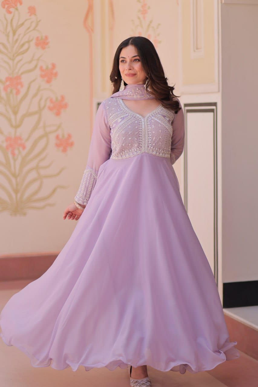 Premium Star Georgette Sequins Coding & Beads Embroidered Gown Set