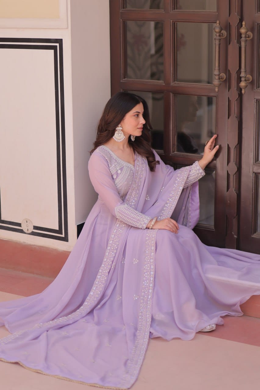 Premium Star Georgette Sequins Coding & Beads Embroidered Gown Set