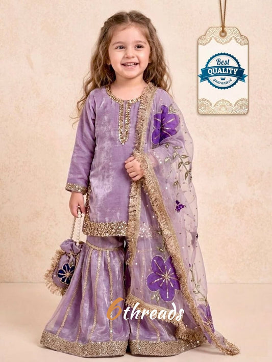 Purple Silk Sharara with Floral Digital Print Dupatta