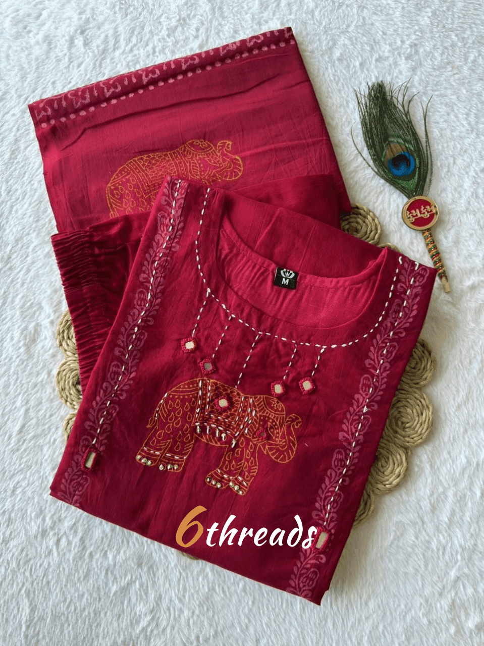 Pure Cotton A-Line Kurti Pant Set with Hand Block Mul Dupatta & Mirror Work