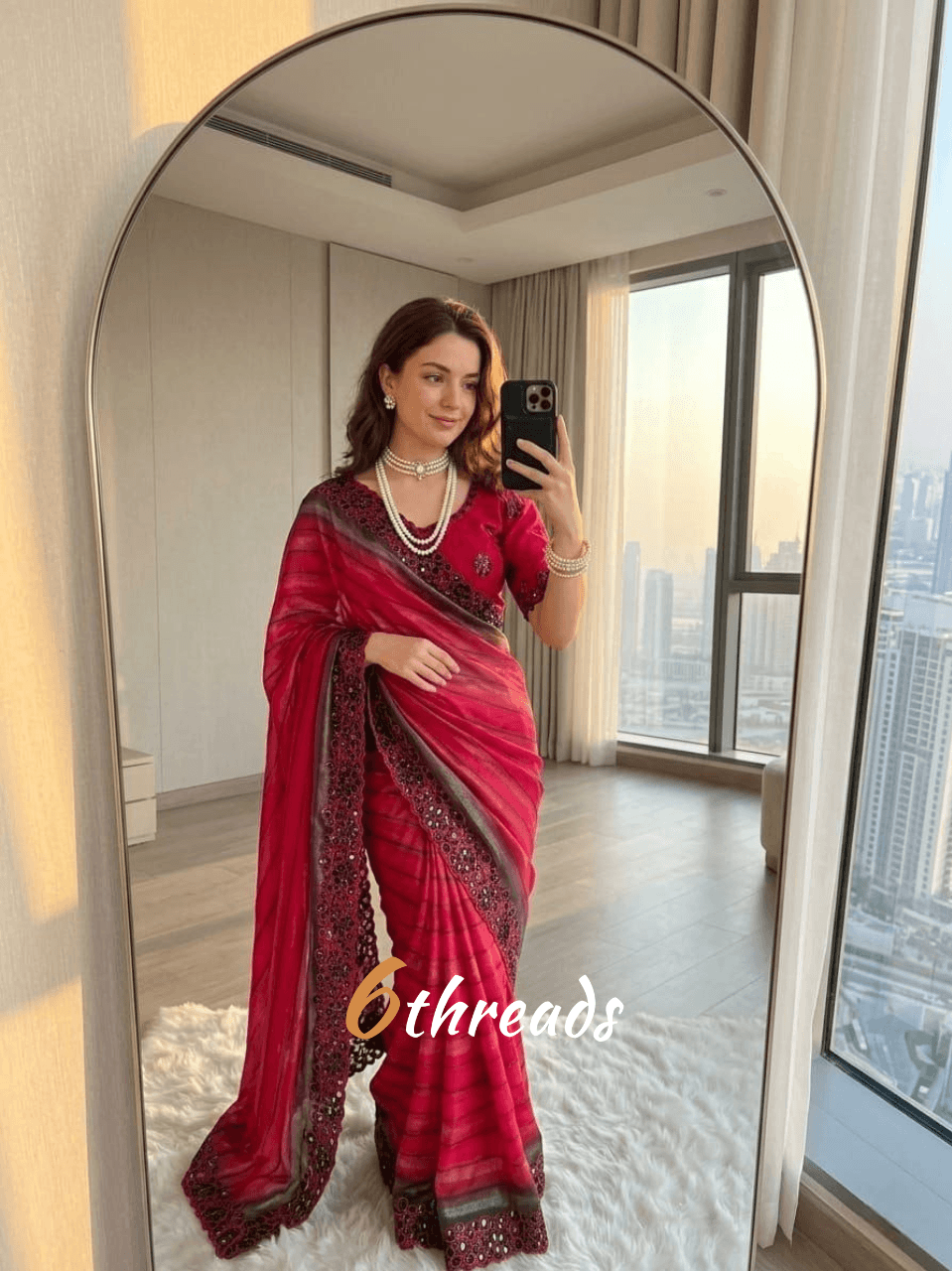 Premium Chiffon Silk Saree with Sequins Embroidery & Stitched Blouse
