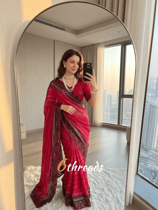 Premium Chiffon Silk Saree with Sequins Embroidery & Stitched Blouse