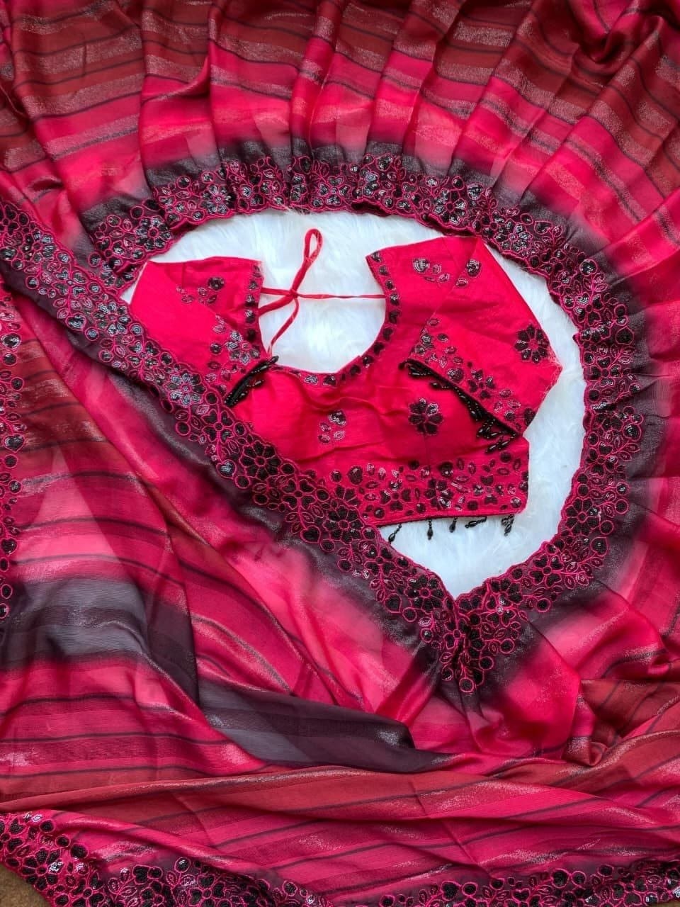 Premium Chiffon Silk Saree with Sequins Embroidery & Stitched Blouse