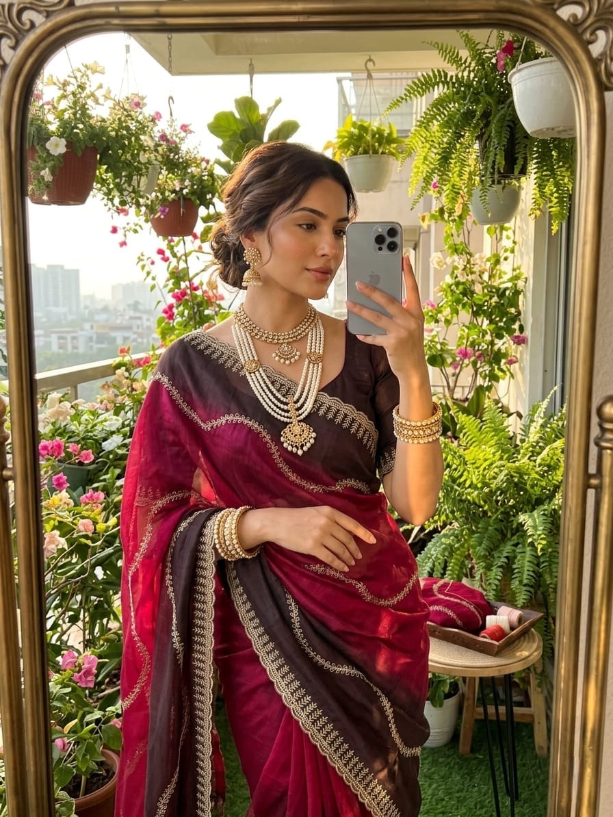 Vahina Fendy Chiffon Leheriya Saree with Ready-to-Wear Unstitched Blouse
