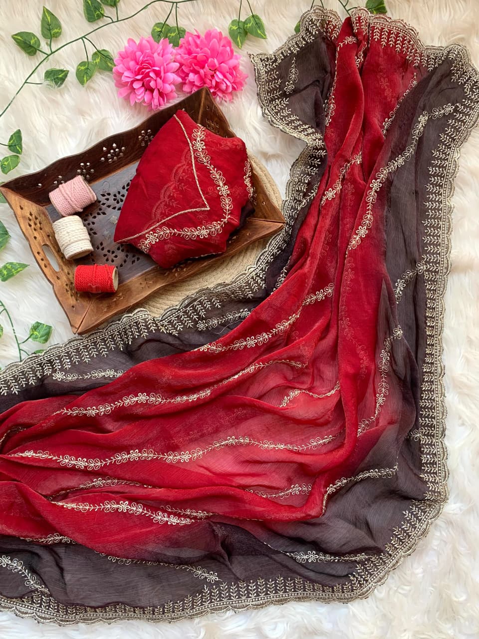 Vahina Fendy Chiffon Leheriya Saree with Ready-to-Wear Unstitched Blouse