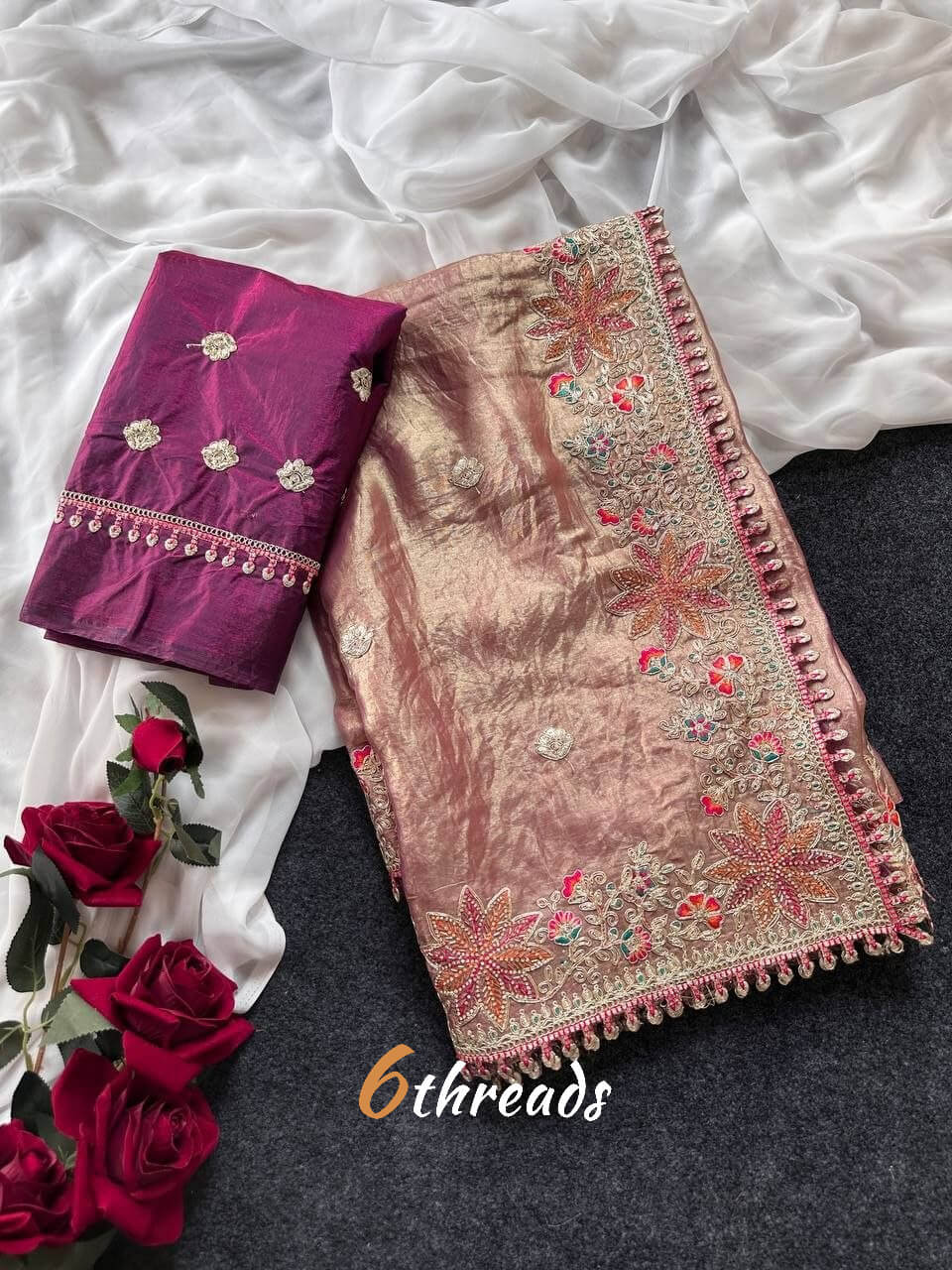 Premium Fandy Satin Silk Saree with Floral Embroidery, Tassels & Unstitched Contrast Blouse