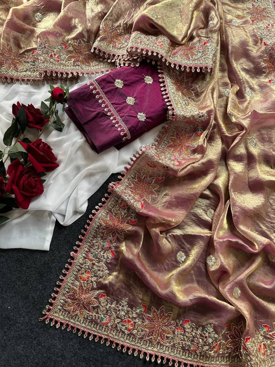 Premium Fandy Satin Silk Saree with Floral Embroidery, Tassels & Unstitched Contrast Blouse