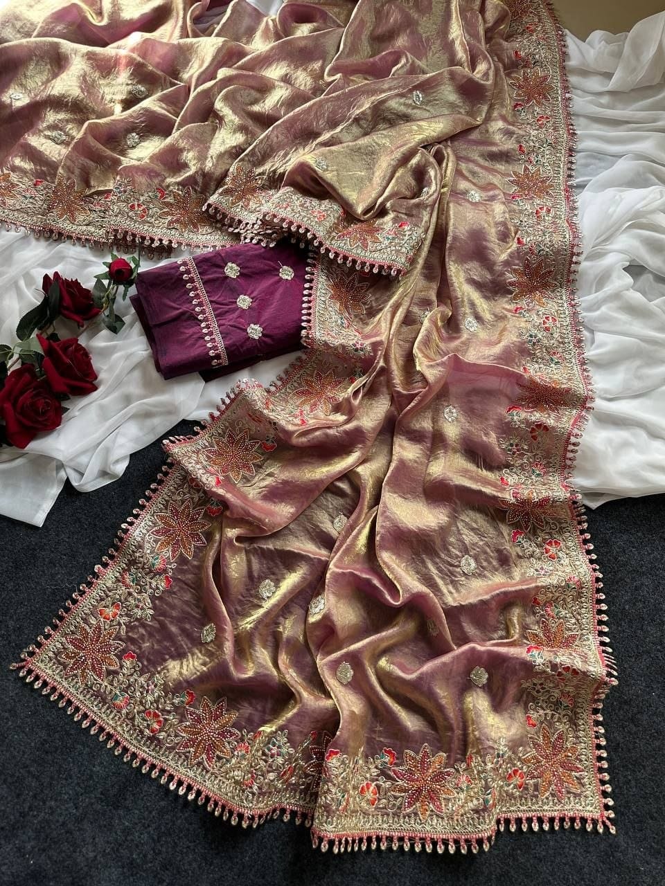 Premium Fandy Satin Silk Saree with Floral Embroidery, Tassels & Unstitched Contrast Blouse