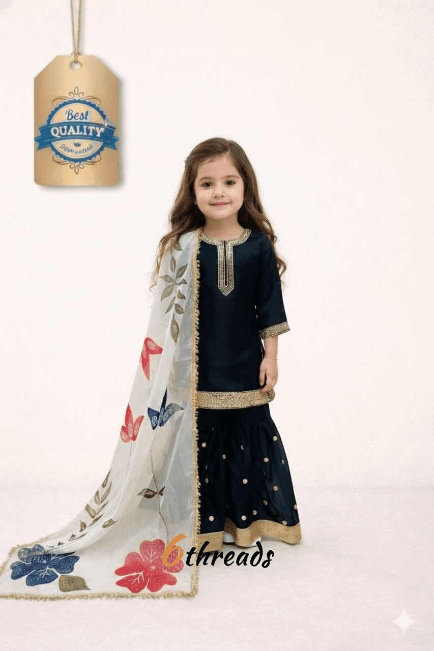 Royal Black GMY Silk Sharara Set with Organza Dupatta
