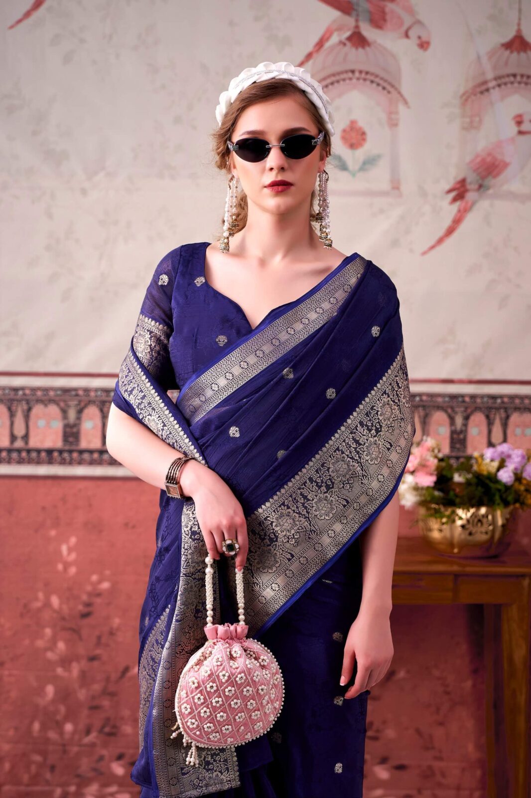 Royal Chinon Festive Saree with Designer Self-Print & Zari Weaving