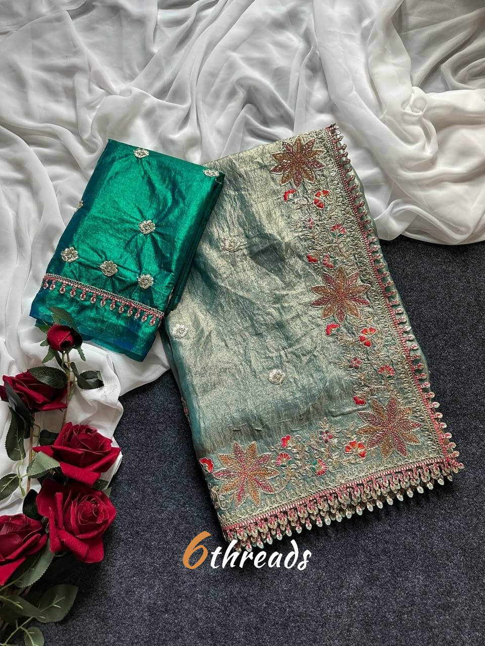 Premium Fandy Satin Silk Saree with Floral Embroidery, Tassels & Unstitched Contrast Blouse