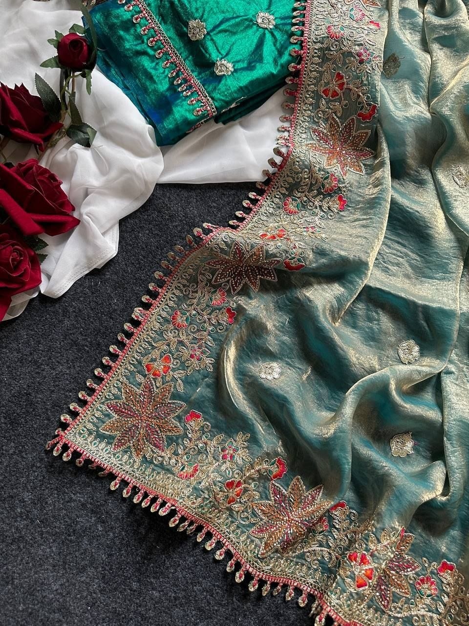 Premium Fandy Satin Silk Saree with Floral Embroidery, Tassels & Unstitched Contrast Blouse