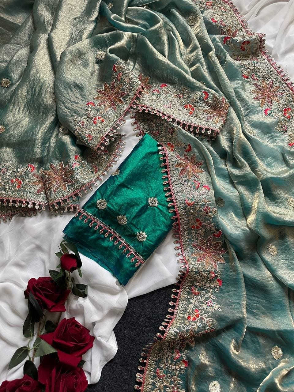 Premium Fandy Satin Silk Saree with Floral Embroidery, Tassels & Unstitched Contrast Blouse