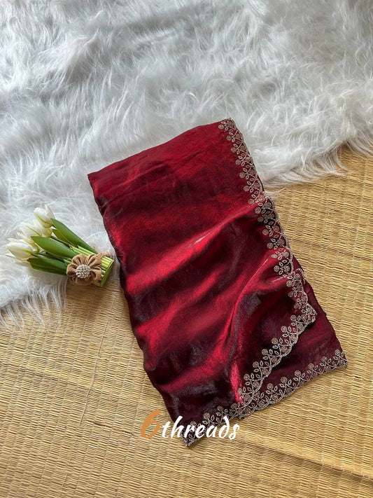 Premium Fandy Satin Silk Saree with Heavy Jarkhan Work & Unstitched Blouse