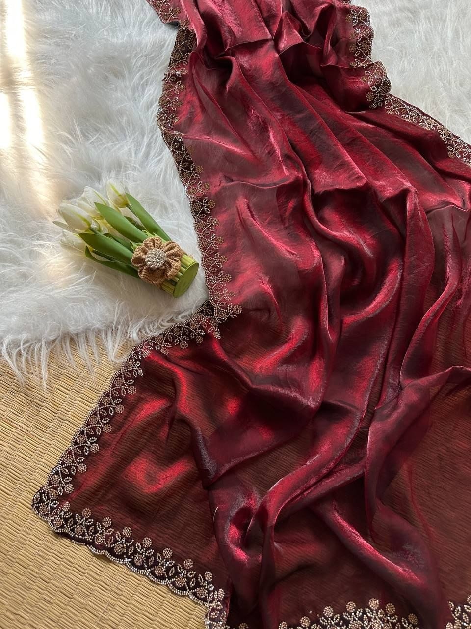 Premium Fandy Satin Silk Saree with Heavy Jarkhan Work & Unstitched Blouse