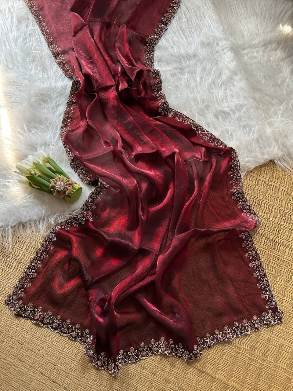 Premium Fandy Satin Silk Saree with Heavy Jarkhan Work & Unstitched Blouse