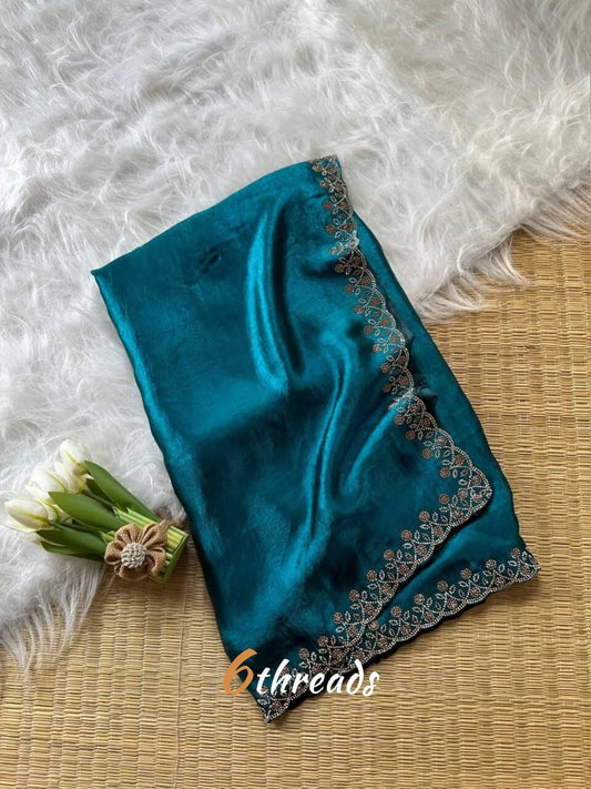 Premium Fandy Satin Silk Saree with Heavy Jarkhan Work & Unstitched Blouse