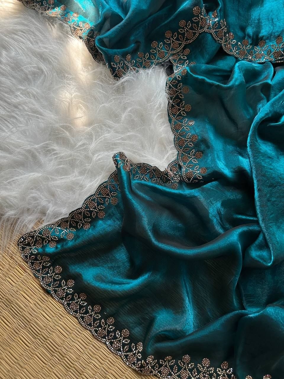 Premium Fandy Satin Silk Saree with Heavy Jarkhan Work & Unstitched Blouse